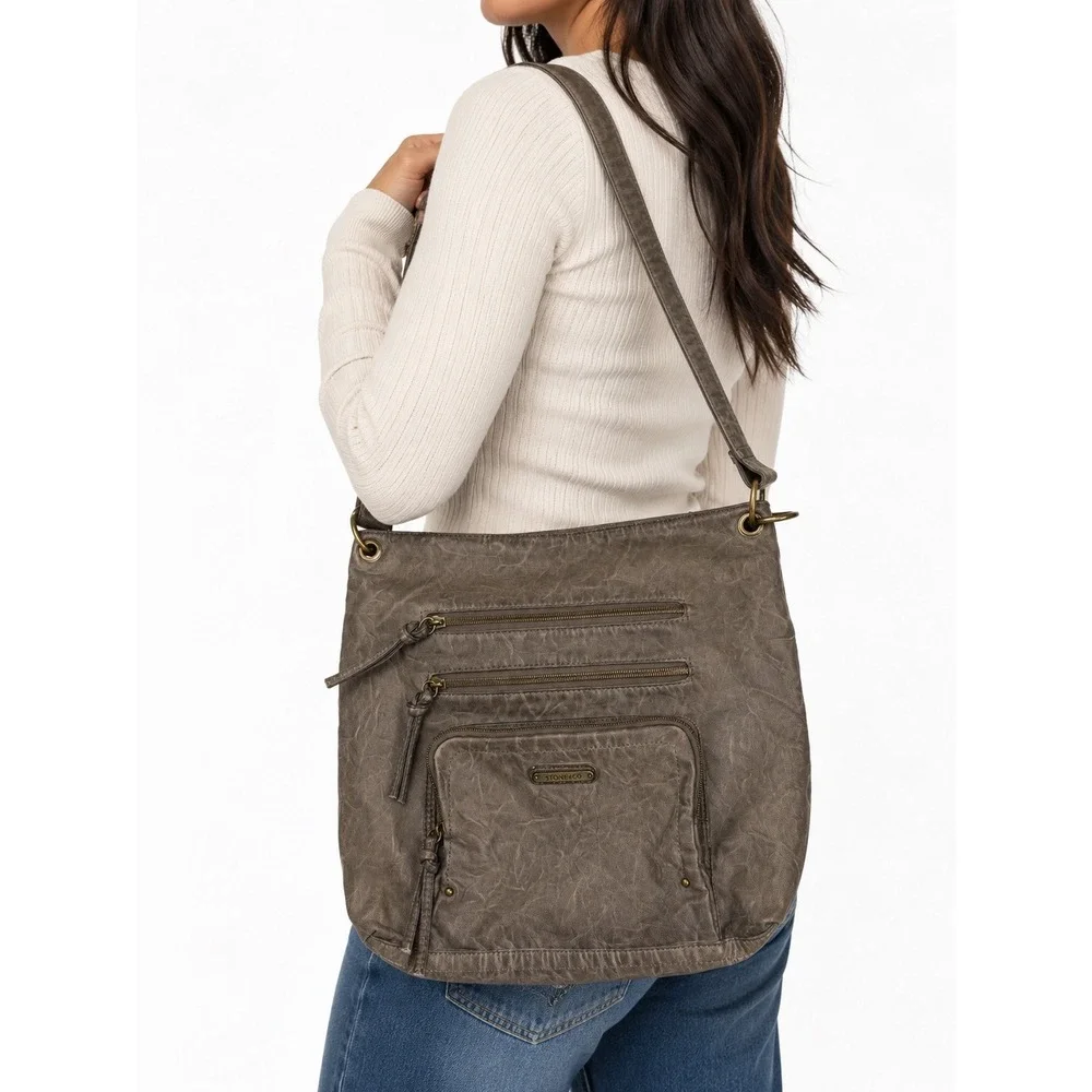 Stone & Co Vintage Y2K Taupe Distressed Slouchy Leather Shoulder Crossbody Bag